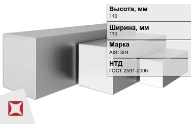 Квадрат нержавеющий 110х110 мм AISI 304 ГОСТ 2591-2006 для крепления в Актау